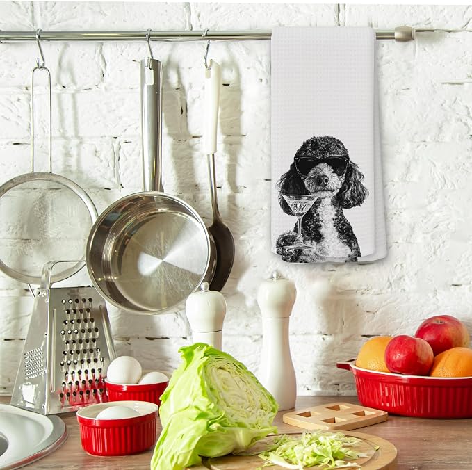 Funny Poodle Cocktail Kitchen Towels, Gifts for Dog Wine Lovers, Bar Accessories Dish Tea Towels for Kitchen, Dog Owners Housewarming Gift Decorative Hand Towel 16x24 Inch