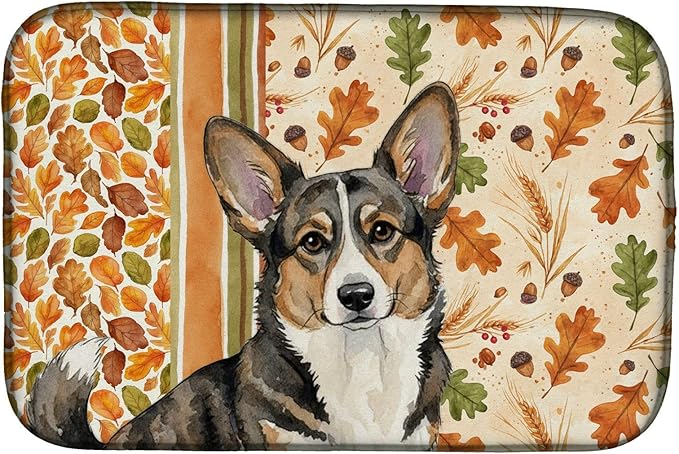 Caroline's Treasures Brindle Cardigan Welsh Corgi Heirloom Fall Dish Drying Mat Absorbent Dish Drying Mat Pad for Kitchen Counter Dish Drainer Mat for Countertop, 14 x 21", Multicolor