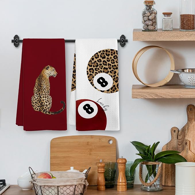 Trendy Leopard Cheetah Print Poker Lucky 8 Ball Bathroom Decor, Preppy Red Burgundy Maroon Decor Dish Hand Towels for Bathroom Kitchen Sets of 2, Cheetah Kitchen Towels and Dishcloths,16x24in