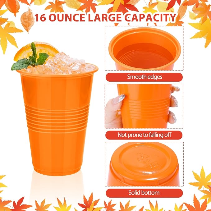 Kochorie 100 Pack Disposable Plastic Cups 16 Oz Solid Color Drinking Cups Party Supplies Strong and Sturdy Drinkware Cup For Birthday, Wedding, Thanksgiving, Fall & Daily Use, Orange