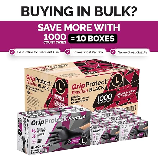 GripProtect® Precise Black Nitrile Gloves, Exam, 4 Mil, Food, Home, Cleaning, Medical/Dental, Tattoo (Small, 1,000)