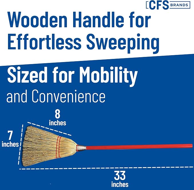 Flo-Pac Compact Corn Fiber Utility Broom with Wire-Wrapped Bristles and Red Handle, 33 Inches, Red (Pack of 12)