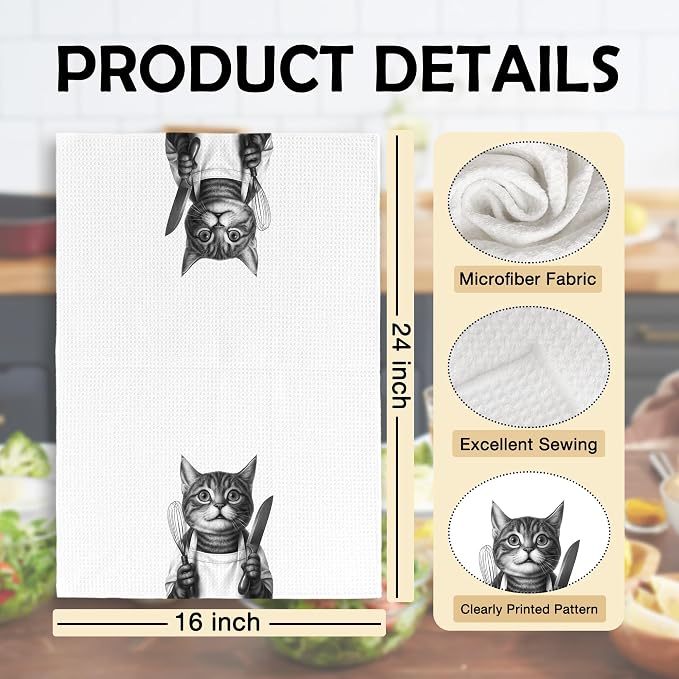 Funny Chef Cat Kitchen Towels Set of 2, Cat Mom Lady Lovers Owner Gifts for Women Dish Tea Towels for Kitchen, Gifts for Pet Lovers Decorative Hand Towel, 16x24 Inch