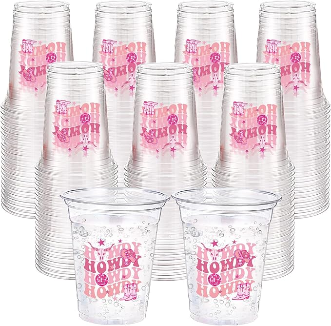 100 Pcs Pink Cowgirl Plastic Cups 12 oz Pink Howdy Western Disposable Plastic Drinking Cups Bulk for Western Cowgirl Birthday Baby Shower Bachelorette Party Decoration Supplies