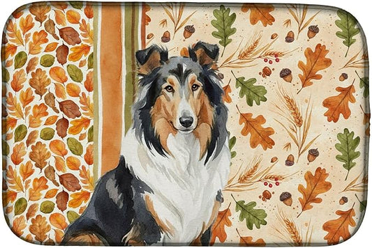 Caroline's Treasures Tricolor Collie Heirloom Fall Dish Drying Mat Absorbent Dish Drying Mat Pad for Kitchen Counter Dish Drainer Mat for Countertop, 14 x 21", Multicolor