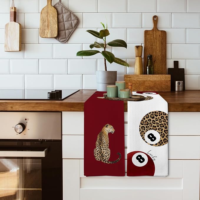 Trendy Leopard Cheetah Print Poker Lucky 8 Ball Bathroom Decor, Preppy Red Burgundy Maroon Decor Dish Hand Towels for Bathroom Kitchen Sets of 2, Cheetah Kitchen Towels and Dishcloths,16x24in