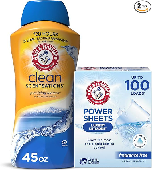 Bundle of Arm & Hammer Power Sheets Laundry Detergent, Fragrance Free 50ct, up to 100 Small Loads + ARM & HAMMER Clean Scentsations