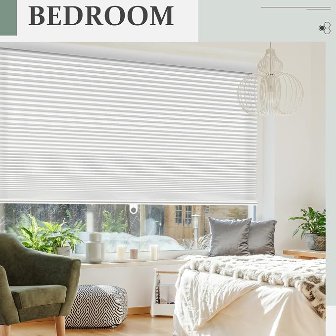 Cellular Shades, Blackout Blinds, Cordless Honeycomb Blinds for Windows, Room Darkening, Pleated Window Shades for Bedroom, Home, Dining Room, Office, Kitchen, 24" W X 64" H, White