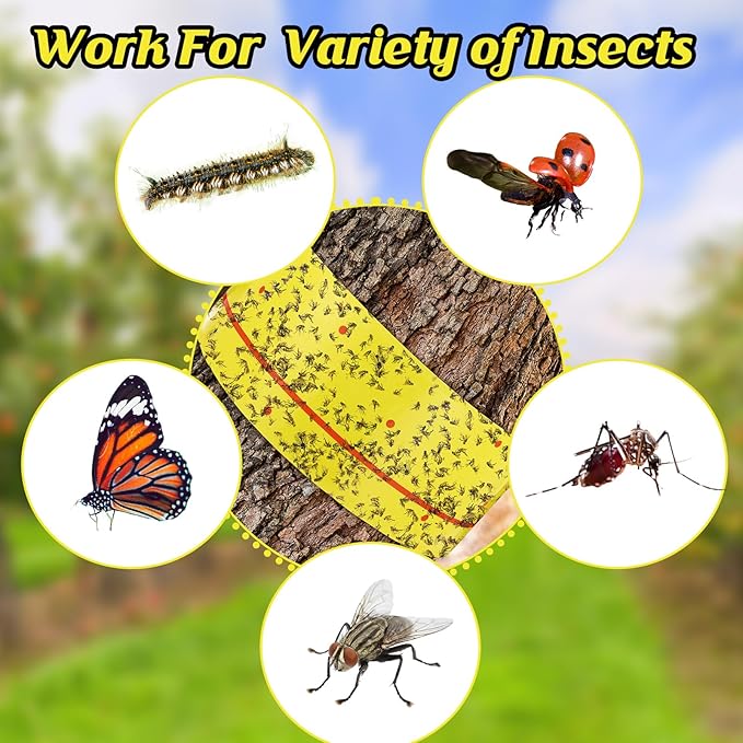 12 Rolls (30 Feet Each) Spotted Lantern Fly Tree Trap Outdoor Fruit Fly Sticky Strips Paper Ant Insect Sticky Barrier Tree Trunk Wraps to Protect Trees Plants, Lawn, Garden(Yellow and Red)