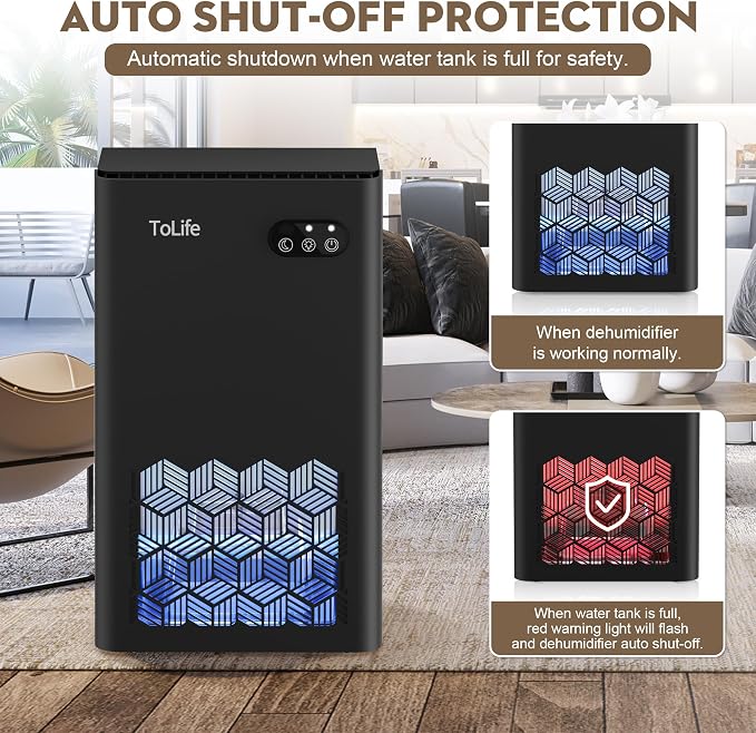 ToLife Dehumidifier for Home, 1000 sq.ft Dehumidifiers for Basement Bedroom Bathroom with 95 OZ Water Tank, Auto Shut Off 7 Colors LED Light, Black