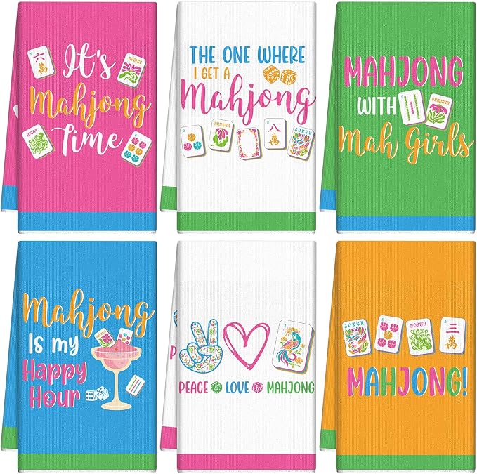 Hahafelt 6 Pcs Mahjong Gifts Dish Towels - Mahjong Decorative Kitchen Towels, Hostess Gifts Tea Towel for Kitchen Decor Cocktail Mah-Jong Lovers Bathroom Home, 16 x 24 Inches