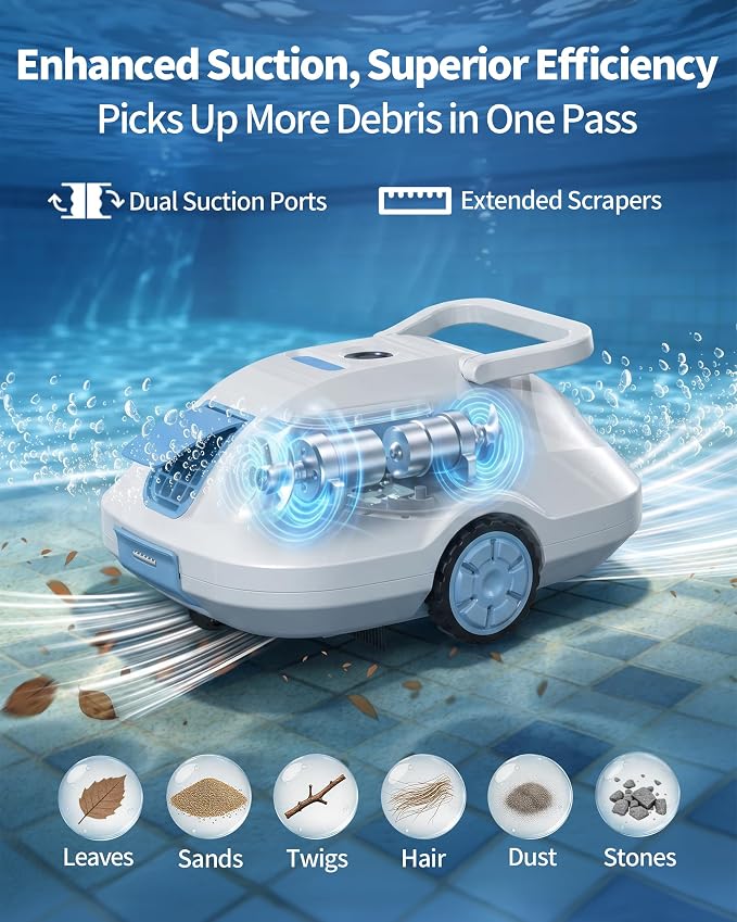 (2026 Upgrade) Robotic Pool Cleaner -Up to 250-Min Cordless Automatic Pool Vacuum Robot for Above Ground & Inground Pools -Powerful Suction Self-Parking for Swimming Pool up to2200 Sq. Ft -White