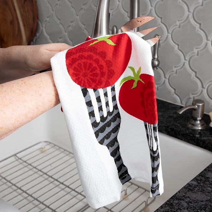 T-Fal Textiles Double Sided Print Woven Cotton Kitchen Dish Towel Set, 2-Pack, 16" x 26", Fork Print