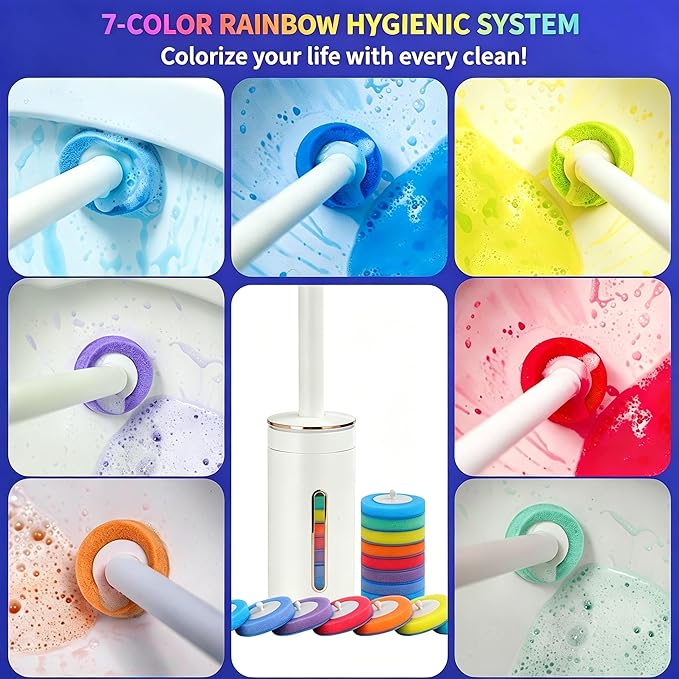 Disposable Toilet Brush and Holder Set - Wall Mounted Toilet Bowl Cleaner Wand with 24 Rainbow-Colored Refills & Automatic Storage Caddy, Hygienic Toilet Cleaning System for Bathroom