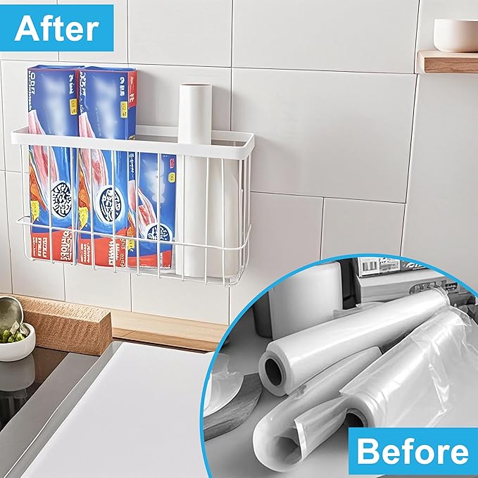 Cabinet Door Organizer 2Pcs, Foil and Plastic Wrap Organizer with 2 Sponges, Cabinet Door Storage with 2 Caddy Adhesive, for Aluminum Foil, Plastic Wrap, Wool Dryer Balls, White,(Medium, Large)