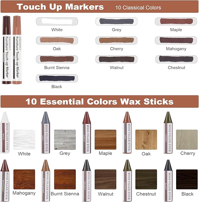 SEISSO Wood Furniture Repair Kit, New Improved 10 Colors Touch Up Markers and Crayons with Polish Wax, Covering Damaged Wooden Surfaces and Floors, Scratches, Stains, Cracks and Dents(25 PCs)