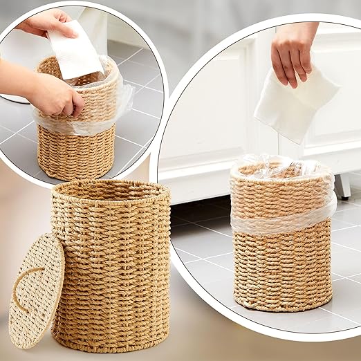 Ctosree 1.3 Gallons Small Trash Can with Lid Handle Boho Woven Braided Bathroom Waste Basket Trash Can with 100 Garbage Bags for Bedroom Office Laundry(Braided Paper Rope, Primary Color)
