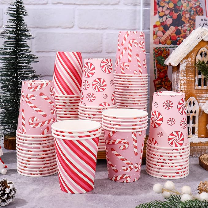 JarThenaAMCS 100Pcs Christmas Paper Cups 9Oz Red White Xmas Candy Cane Stripe Disposable Drink Cups for Winter Holiday Party Supplies Tableware Decor