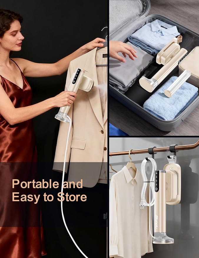 Sundu Travel Steamer for Clothes, Portable Handheld Garment Steamer, 2 Water Tanks (180 ml +100 ml), 25 Minutes of Continuous Ironing for Travel,Home Pale Gold