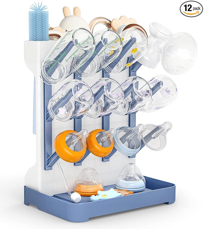 GoMaihe Baby Bottle Drying Rack: Space Saving Vertical Bottle Dryer Holder - Baby Accessories Storage Stand Organize Brushes Pacifiers on Countertop - BPA-Free - Blue