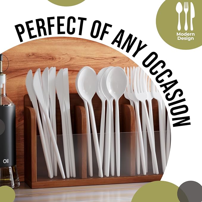 Trendables Disposable Plastic Cutlery - 120 Pack White Plastic Knives, Silverware Set