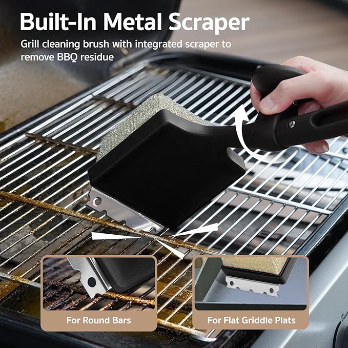 GASPRO Grill Brush Bristle Free for Outdoor Grill, BBQ Cleaning Brush Set with 2 Replacement Heads, Heat-Activated Sponge & Scraper, Ergonomic Handle, Safe for Most Grates, Black