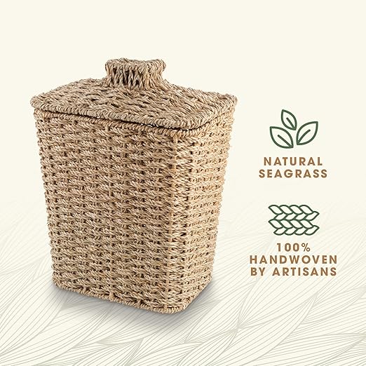 84ECO Wicker Trash Can with Lid and Liner - Rattan Trash Can for Bathroom - Decorative Wicker Waste Basket for Bedroom, Kitchen and Office (Natural Seagrass)
