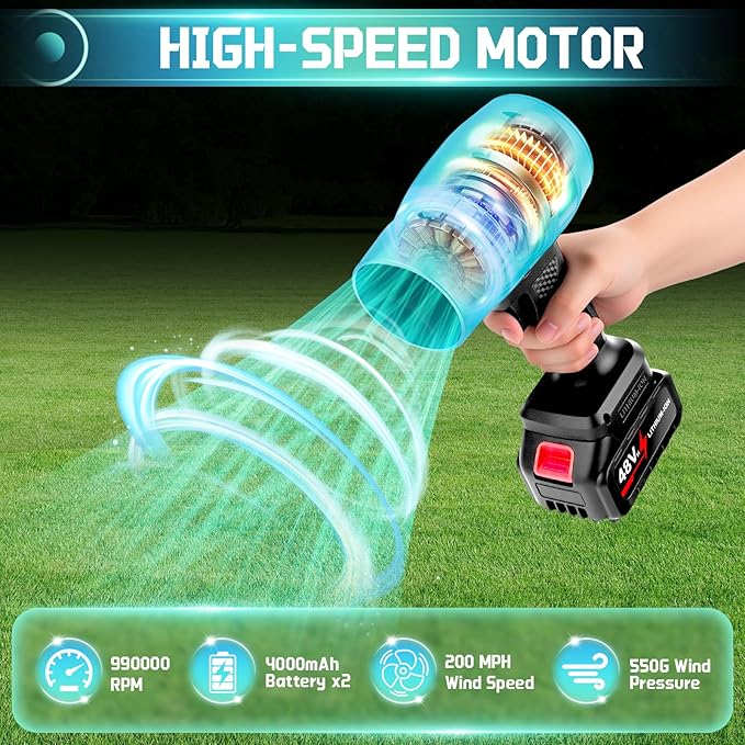 Leaf Blower Cordless Handheld Dust Cleaner, 990000RPM Portable Electric Leaf Blowers with 2 x 4000mAh Batteries, High-Speed Turbo Jet Blower for Patio Cleaning, Lawn Care, Leaves (Black)