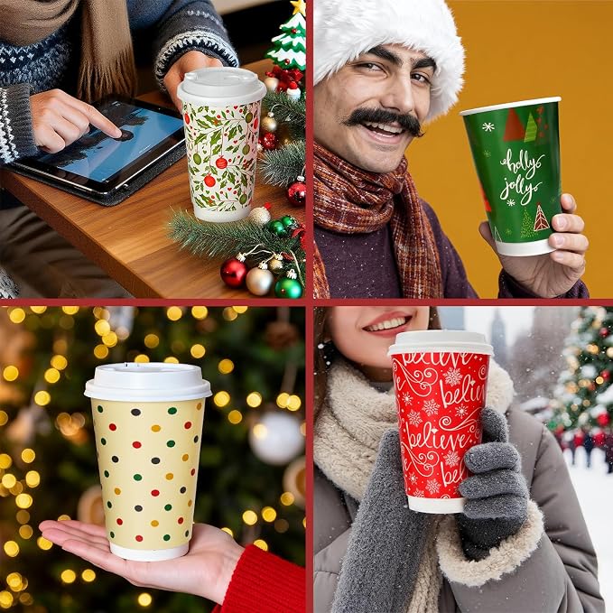 Nihuecne 50 Pack 16 oz Christmas Disposable Coffee Cups with Snap-on Lids - for Hot or Cold Drinks, Paper Coffee Cups for Xmas Holiday Table Decorations Party Supplies, 5 Assorted Christmas Styles