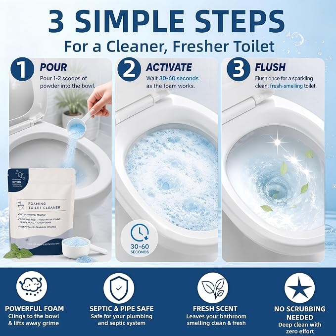 Restorabowl Toilet Cleaner, Foaming Powder, Stain Remover, No Scrub,2 Bags | Fast Dissolving,Fresh Scent,Quick-foaming,Porcelain scratch protection,Suitable for all types of toilets and toilet tanks