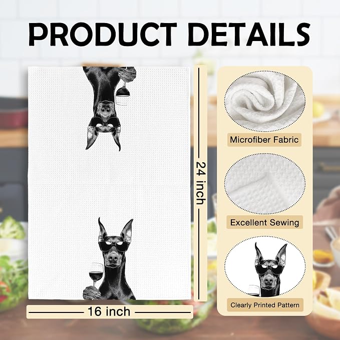 Funny Doberman Wine Kitchen Towels, Gifts for Dog Wine Lovers, Bar Accessories Dish Tea Towels for Kitchen, Dog Owners Housewarming Gift Decorative Hand Towel 16x24 Inch