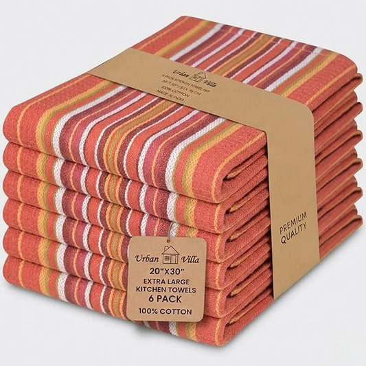 Urban Villa Kitchen Towels 100% Cotton Dish Towels for Kitchen(Set of 6) 20”x30” Dish Cloths Highly Absorbent Kitchen Linen Set with Hanging Loop Perfect for Drying Dishes Cleaning Hand Towels - Rust