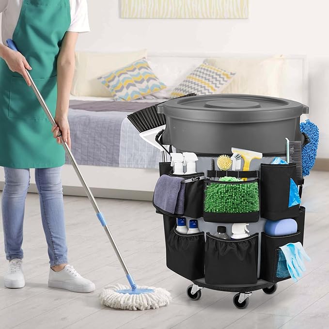 HODRANT 32-55 Gallon Trash Can Caddy Bag, Garbage Bin Apron Caddy with Multiple Pockets for Cleaning Supplies, Cleaning Tool Organizer with Adjustable Buckle for Janitorial Trash Can, Black+Gray