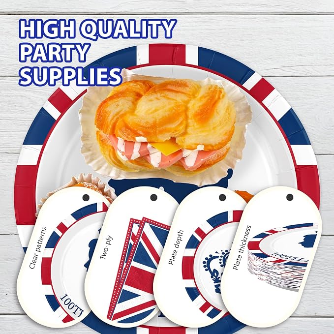 96Pcs Britain Party Decorations Britain UK England Flag Plates and Napkins Sets Union Jack 100th Anniversary Decorations for The Birth of Queen 100th Anniversary Party Supplies Serves 24