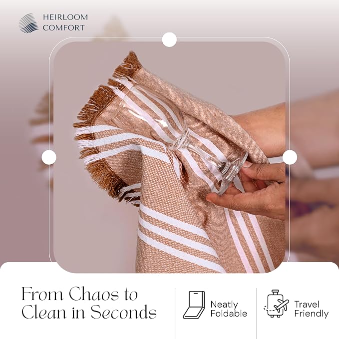 Monochrome Striped Dish Towels 12 Pack, 16x26 Inch, 100% Cotton, Fringed Edges, Absorbent & Durable, Quick Drying Kitchen Towels for Daily Cleaning, Cooking, Baking, Easy Care, Brown