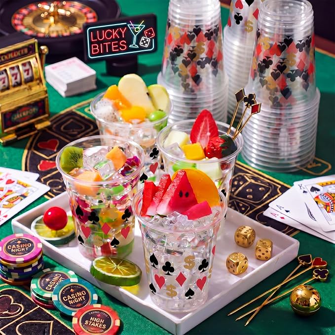 Uiifan 100 Pcs Casino Party Decorations Las Vegas Cups Casino Game Night Party Supplies 12 oz Poker Disposable Plastic Shot Cups for Hot Cold Drinking Office Home Dice Vegas Birthday Favors