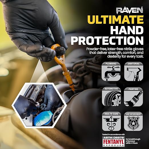 10 Pack SAS Safety 66517 Raven 6 mil Black Nitrile Disposable Gloves 7 Mil - Medium (10 boxes of 100 each)