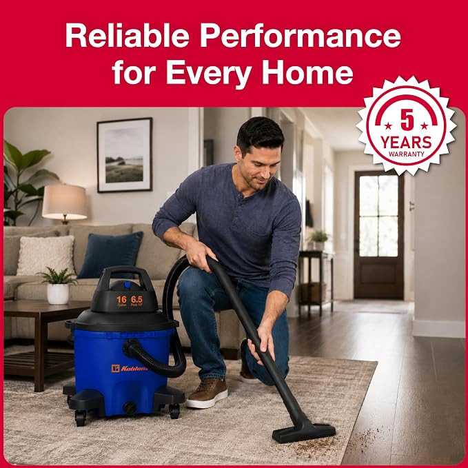 Koblenz WD-16 L4 Wet Dry Vacuum Cleaner, 16 Gallon Wet Dry Vac, 6.5 PHP, 3-in-1 Suction & Blower, Click-N-Lock Hose, Drain Plug, Big Vacuum Cleaner for Carpet & Floors, Swivel Casters, Black/Blue