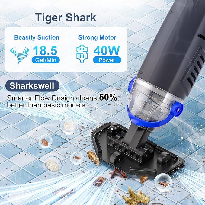 Upgraded Cordless Pool Vacuum with Telescopic Pole, 60 Min Powerful Suction & Large Head, Rechargeable Handheld Cleaner for Above Ground Pools, Inground Pools, Hot Tubs, and Spa