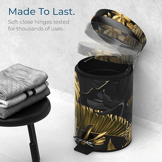 Sanilo Small Bathroom Trash Can with Lid [1.3 Gallon] - Lidded Tiny Trashcan for Garbage - Mini Metal Bin with Soft Closing Mechanism - Bath Room Accessoire Wastebin with Inner Bucket (Golden Leaves)