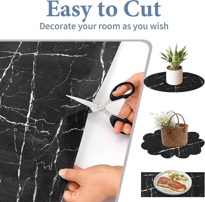 Drawer and Shelf Liner for Kitchen Cabinet: 17 in X 30 Ft Non Slip Waterproof Shelf Paper Non Adhesive Refrigerator Liners Black Marble Easy Liners for Bathroom with Knife Tape Measure