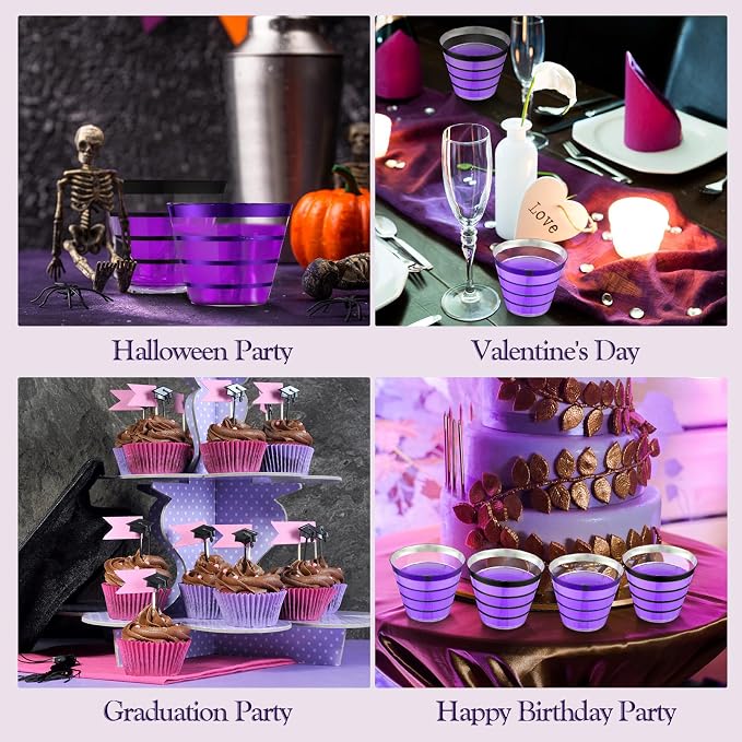 Gejoy 9 oz 100pcs Black and Purple Rimmed Stripe Plastic Cups Bulk Disposable Wine Hard Plastic Drinking Cocktail Cups Tumblers for Wedding Gathering Party Supplies(Black, Purple)