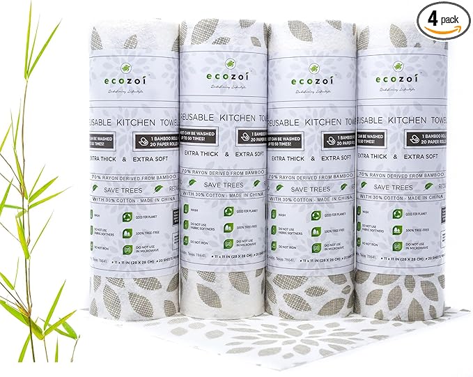 Ecozoi Bamboo Rayon Reusable Towels - 4 Pack | Equivalent to 80 Regular Rolls | 70% Rayon from Bamboo and 30% Cotton Kitchen Paper Rolls | 50 Times More Usage than Regular Paper Rolls