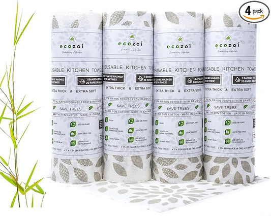 Ecozoi Bamboo Rayon Reusable Towels - 4 Pack | Equivalent to 80 Regular Rolls | 70% Rayon from Bamboo and 30% Cotton Kitchen Paper Rolls | 50 Times More Usage than Regular Paper Rolls