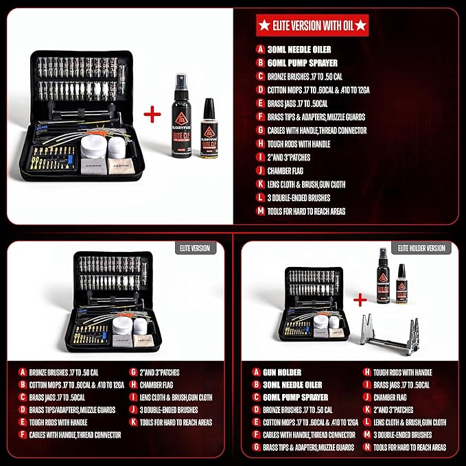 GLORYFIRE Universal Gun Cleaning Kit for Handgun Shotgun & Pistol,Elite Gun Cleaning Set with High-end Brass Brushes, Mops, Jags, Reinforced Rods and Gun Cleaning Snake&Ropes