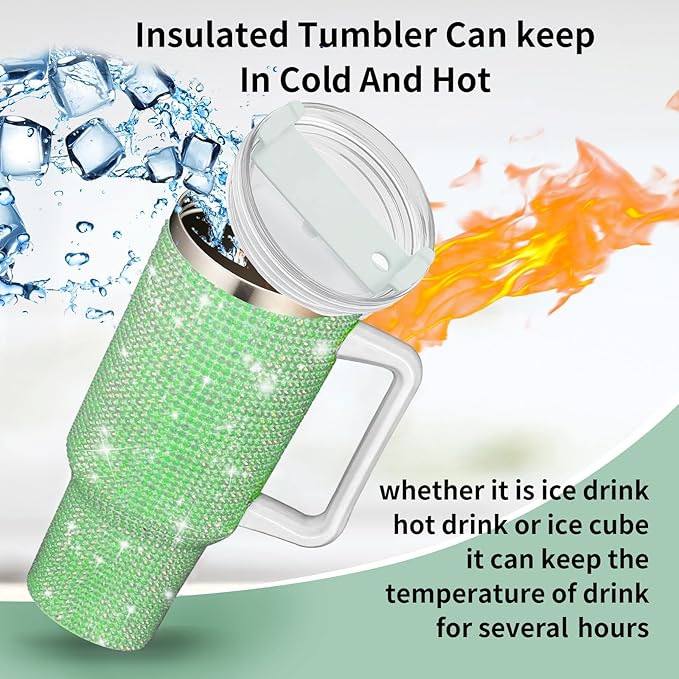 HWISDMIG 40oz Tumbler with Handle-Glitter Rhinestones Tumbler Bling Cups Stainless Steel Water Bottle Diamond Studded Tumbler for Women-Birthday Gifts for Women, Mom, Girlfriend (Green)