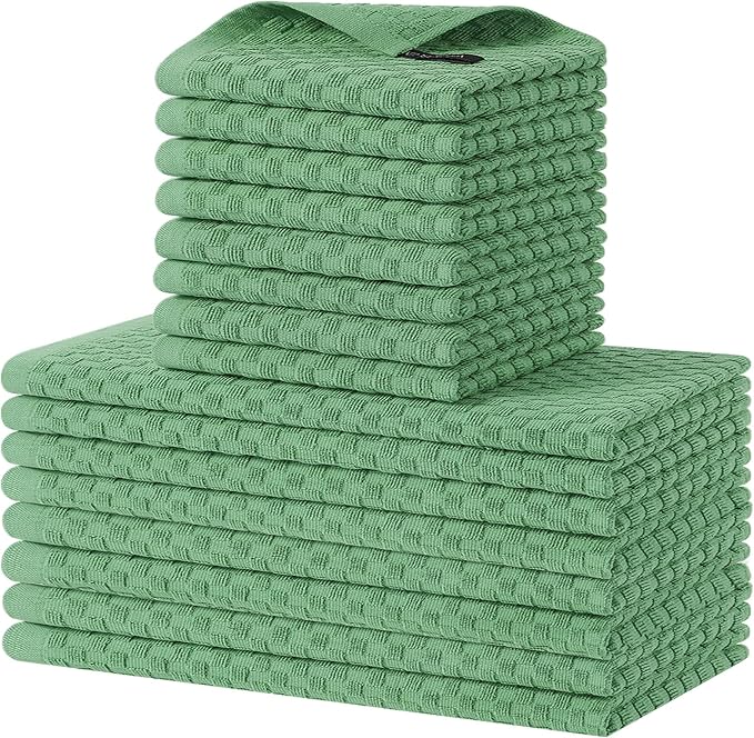 Homaxy 100% Cotton Kitchen Towels and Dishcloths Set, 12 x 12 & 15 x 25 Inches, Set of 16 Bulk Terry Cloth Dish Towels, Super Soft and Absorbent Hand Towel with Hanging Loop, Grass Green