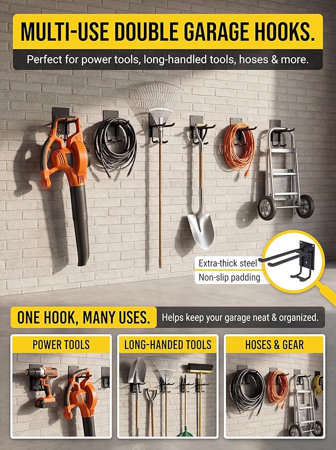 Delobon Garage Hooks 4pack Garage Organization [Steel Multi-Purpose Wall Storage Hooks] for Garden Tool Organizer Heavy Duty Hooks Ladder Power Tools Shovel Rake Broom