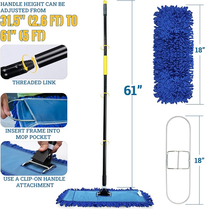 KLEEN HANDLER 18" Microfiber Dust Mop with Frame and 61" Extendable Clip-On Handle (2 Mop Heads, 1 Frame, 1 Handle), Commercial Dust Mop Kit for Floor Cleaning