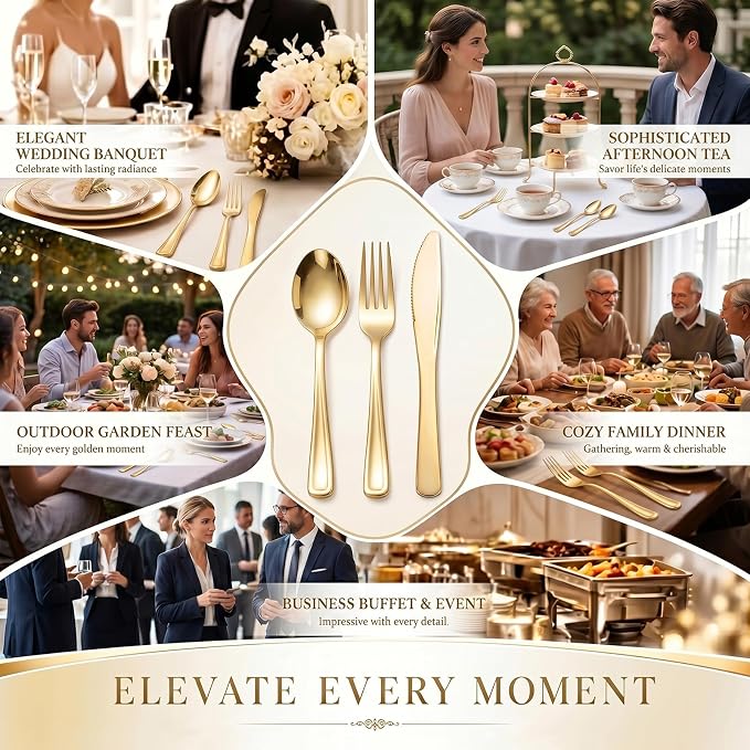 WDF 120 Pieces Gold Plastic Silverware - Disposable Flatware Set - Heavy Duty Plastic Cutlery - Silverware Includes 40 Forks, 40 Spoons, 40 Knives for Party Birthday Baby Shower Wedding Spring